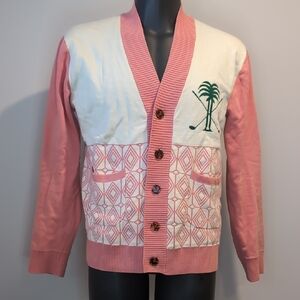 Bogey Boy's Pink and White Golf Cardigan Sweater with Palm Embroidery